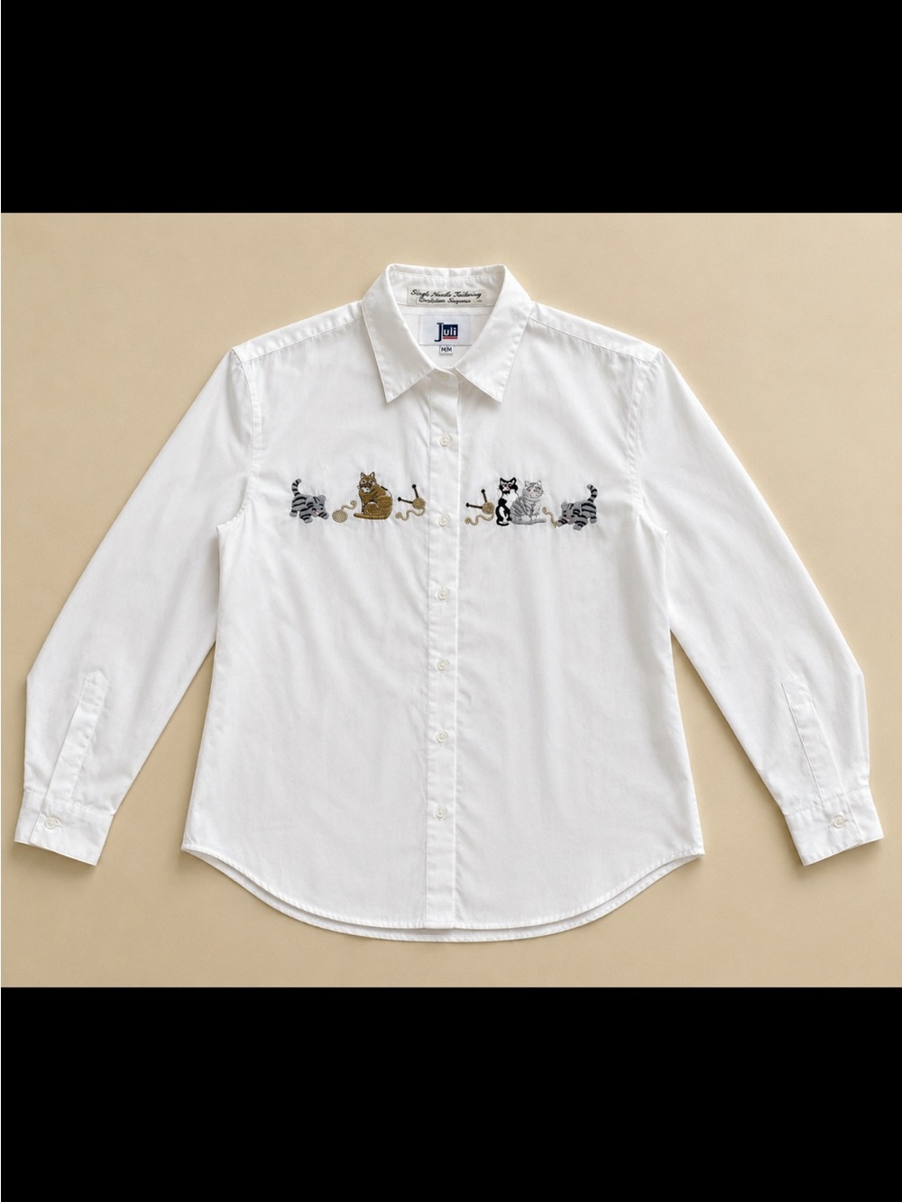 Juli Cat Embroidered Button Up Blouse Woman Medium White Long Sleeve Kitty FLAW